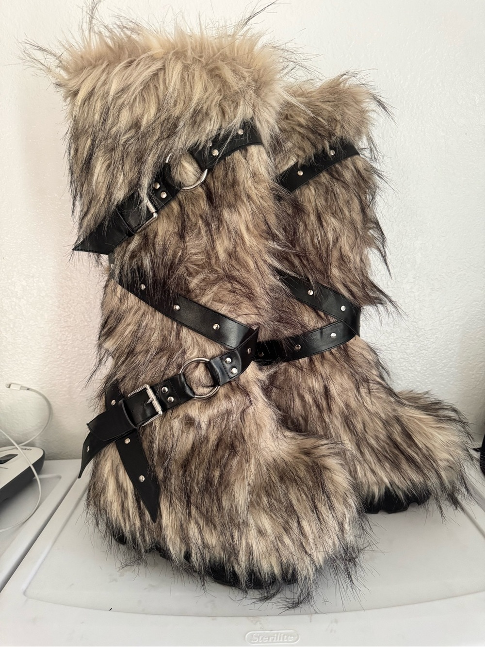 Faux Fur Platform Boots with Buckle Straps - Taupe